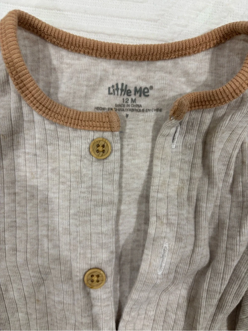 Little Me Ribbed Beige One-Piece with Tan Trim